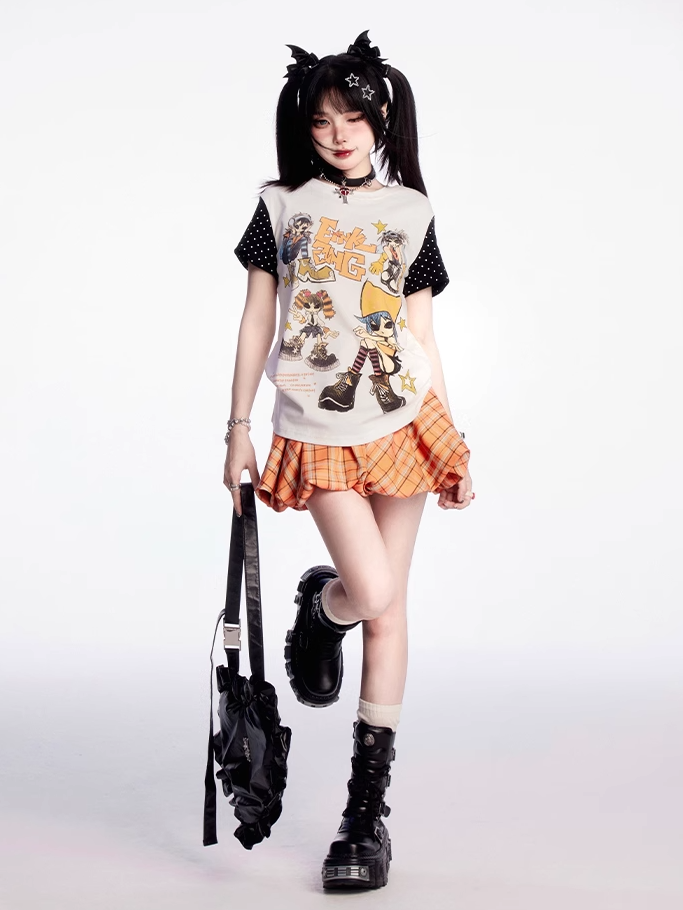 Puppy Orange Plaid Drawstring Waist Print Mini Bubble Skirt