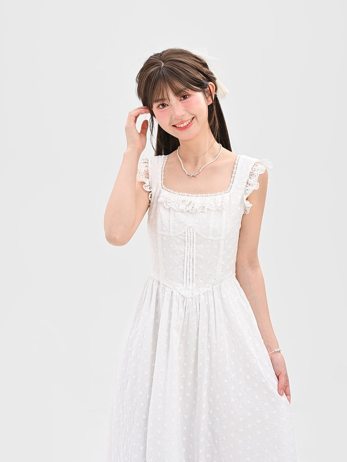 Elegant White Square Neck Flutter Sleeves Lace Sleeveless Self-tie Bow with Dress