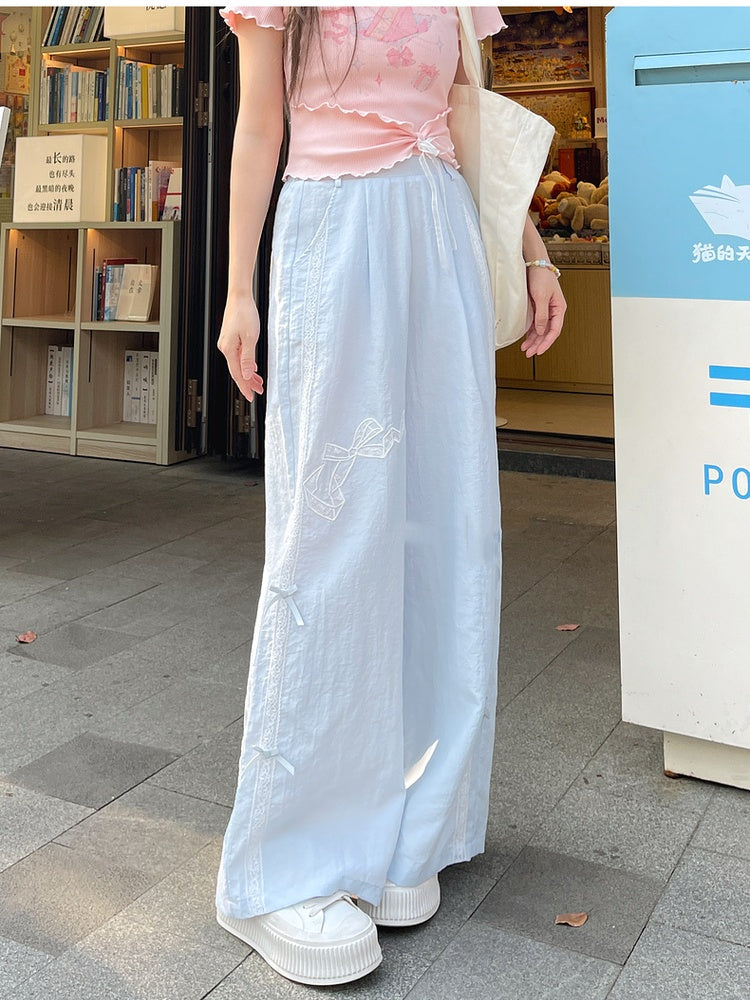 Version Regular/Short Blue Wide-Leg Pants Bowknot Embroidery High Waist
