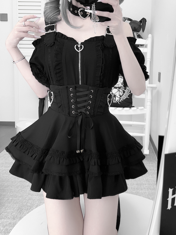 Short Style Choker Free Sleeves with Top Jirai Kei Off-the-Shoulder Neckline Landmine Black
