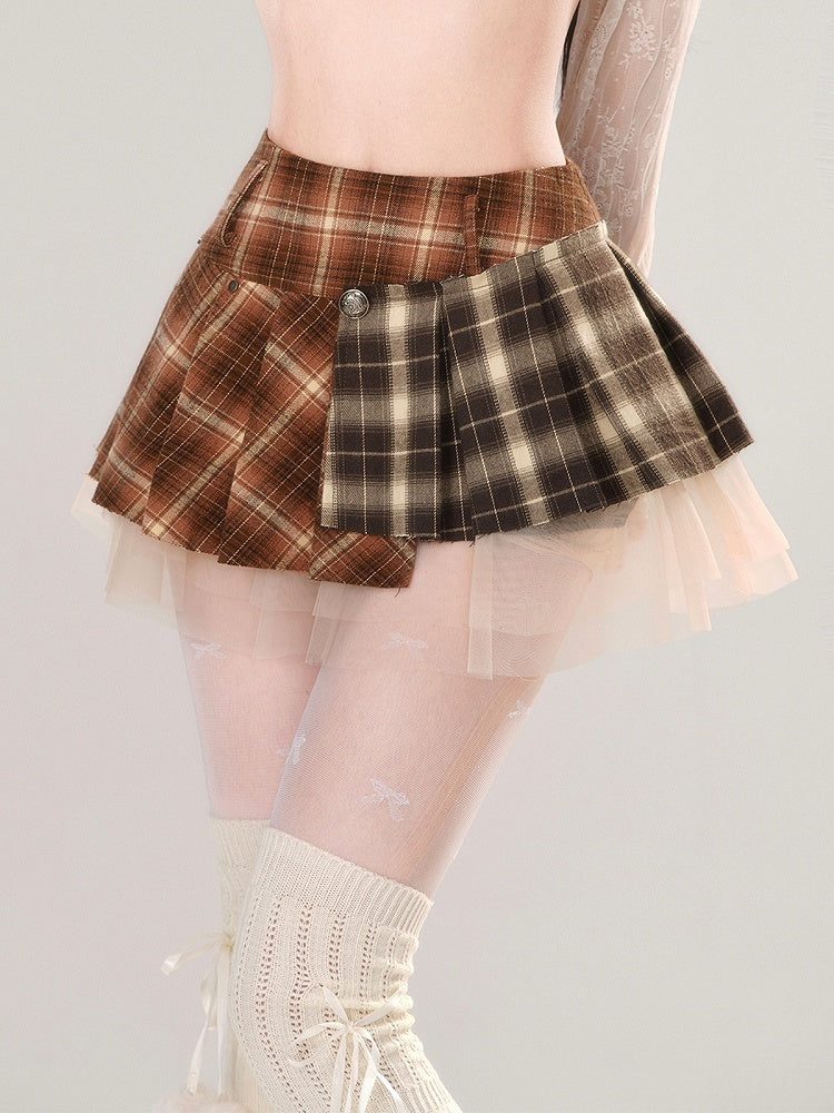 Brown Pleated Mini Plaid Patchwork Skirt Design Mesh