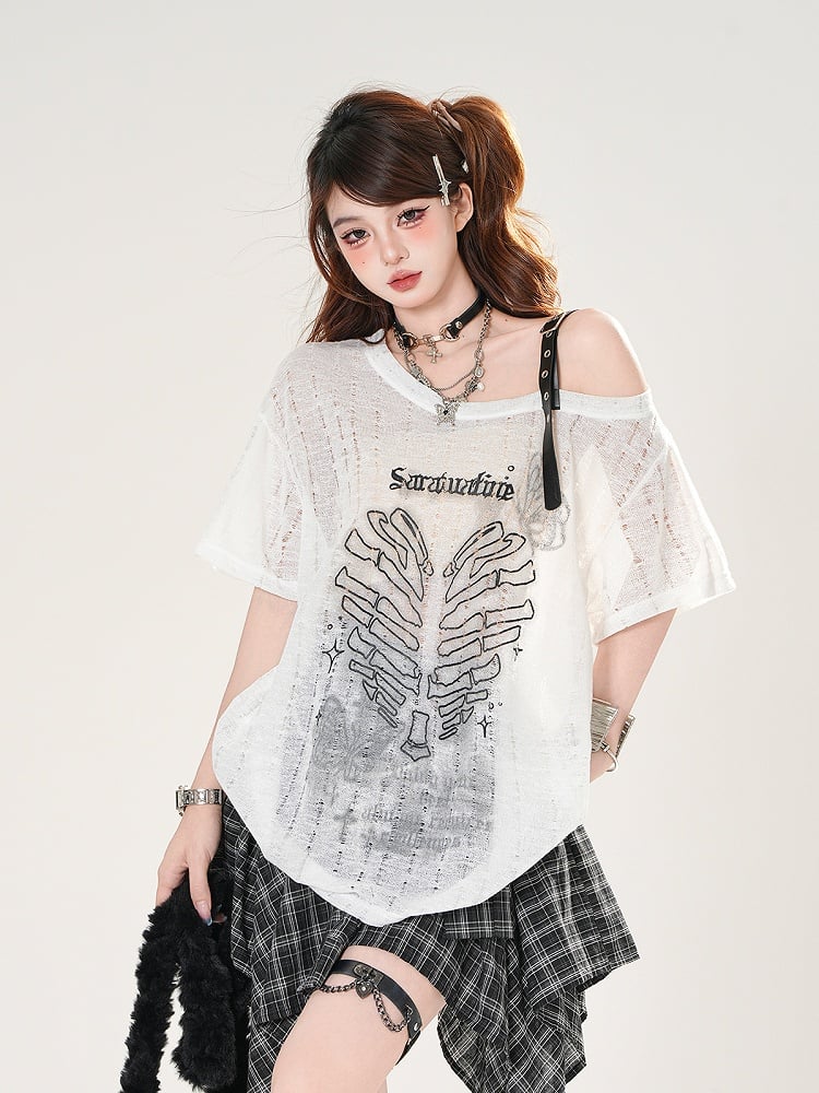 Herz Druck Löcher Asymmetrischer Ausschnitt Distressed