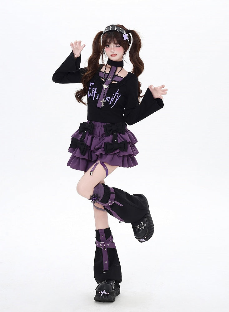 Top and All-in-one Gothic Black/Purple Bell Sleeves Cross Design Choker