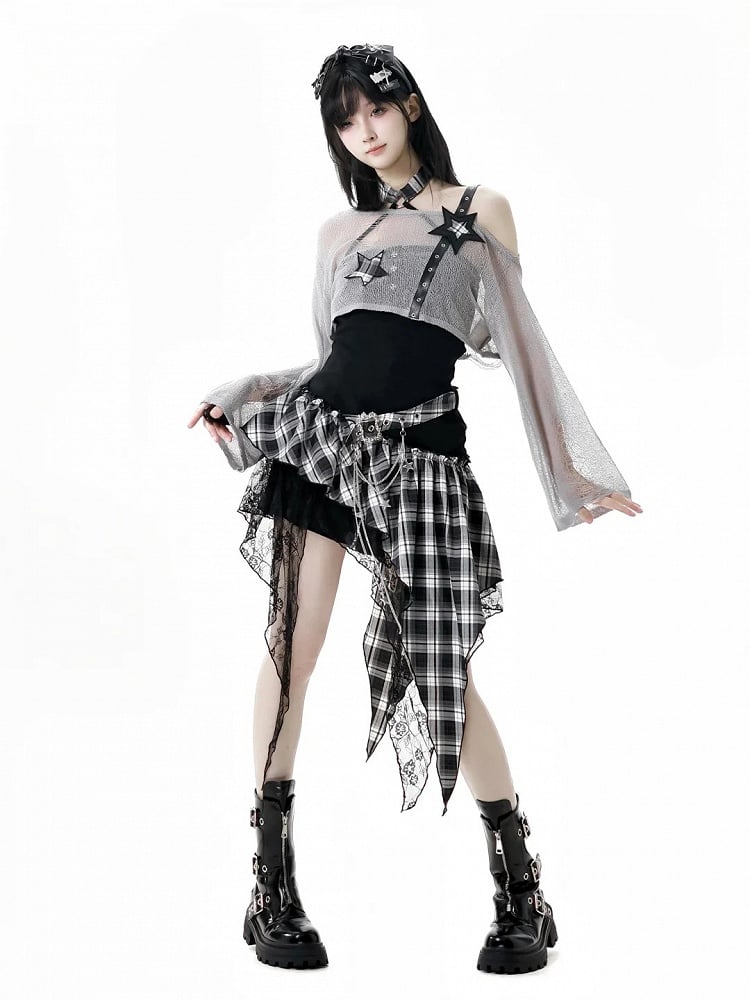 Coverup Black/Gray Star Distressed Holes Punk Rock Strap Hollow-Out Cropped
