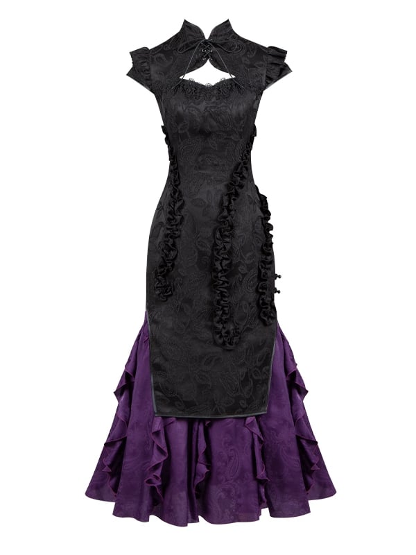 Cascading Black Vibes Qipao Trim Jacquard Purple Lolita Dress Qi Hem Cthulhu Ruffle