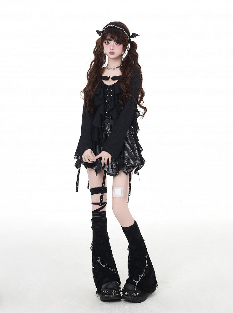 Asymmetrical Ruffled Placket Hem Chiffon Top Pink Lace-up Black/Light
