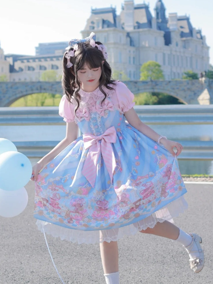 Neckline Design Bow Blue Ears Sweet Lolita Dress JSK Adorable Mouse Print Mouse Big