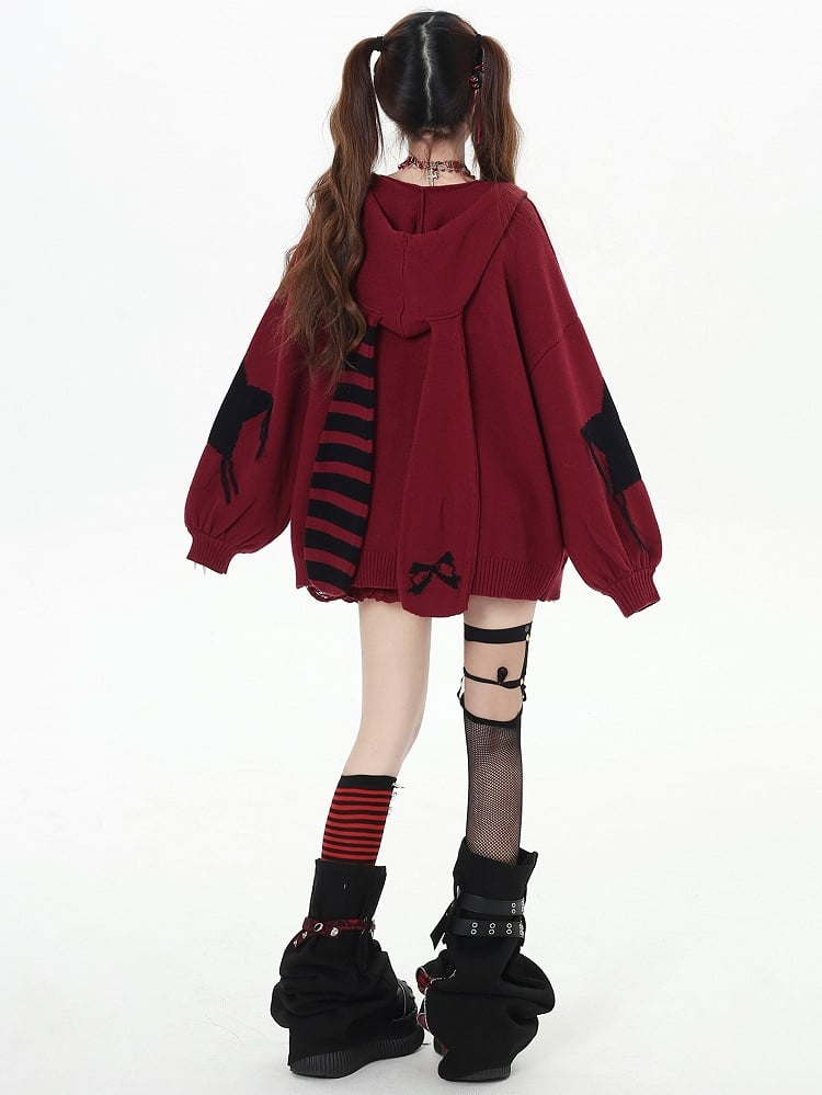 Y2K Schwarz gestreifte Strickjacke mit Hasenohren und Kapuze und V-Ausschnitt