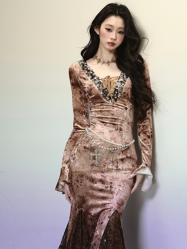 Coffee Sequins V-neck High Waist Lace Patchwork Flounce Mermaid Skirt Velvet Dress Evening Gown