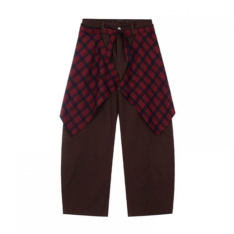 Rise Vintage Gray/Brown Dark with Plaid Waist Accessory Wide-leg Pants Low