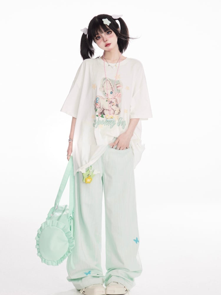 Mint Green Low Waist Butterfly Embroidery Wide-Leg Pants