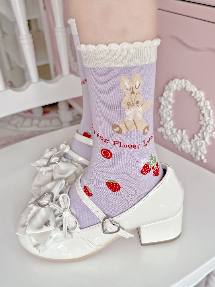 Strawberry Bear Socks Print Red/Purple/Black Lolita Calf Bunny