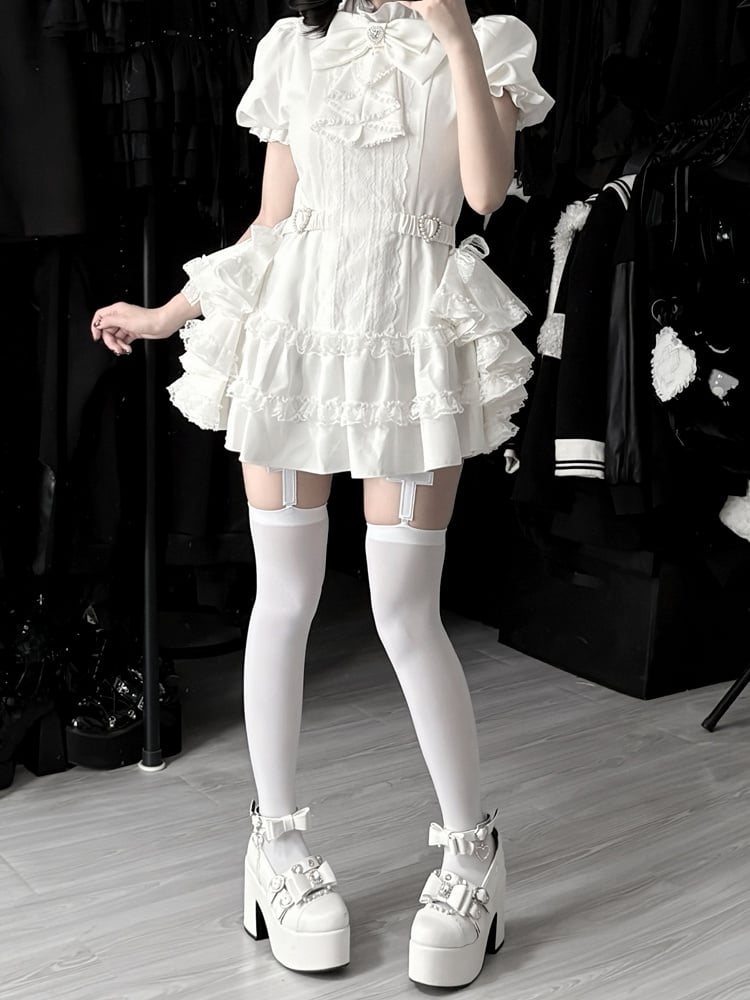 Bow and White Kei Flowing Dress Side Sleeves Tie Train,Shorts Set: with Puffy Gothic Jirai