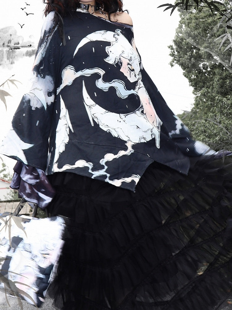 Fashion Black Moon Sleeves Protection Top Long And Gyaru Cartoon Print Sun