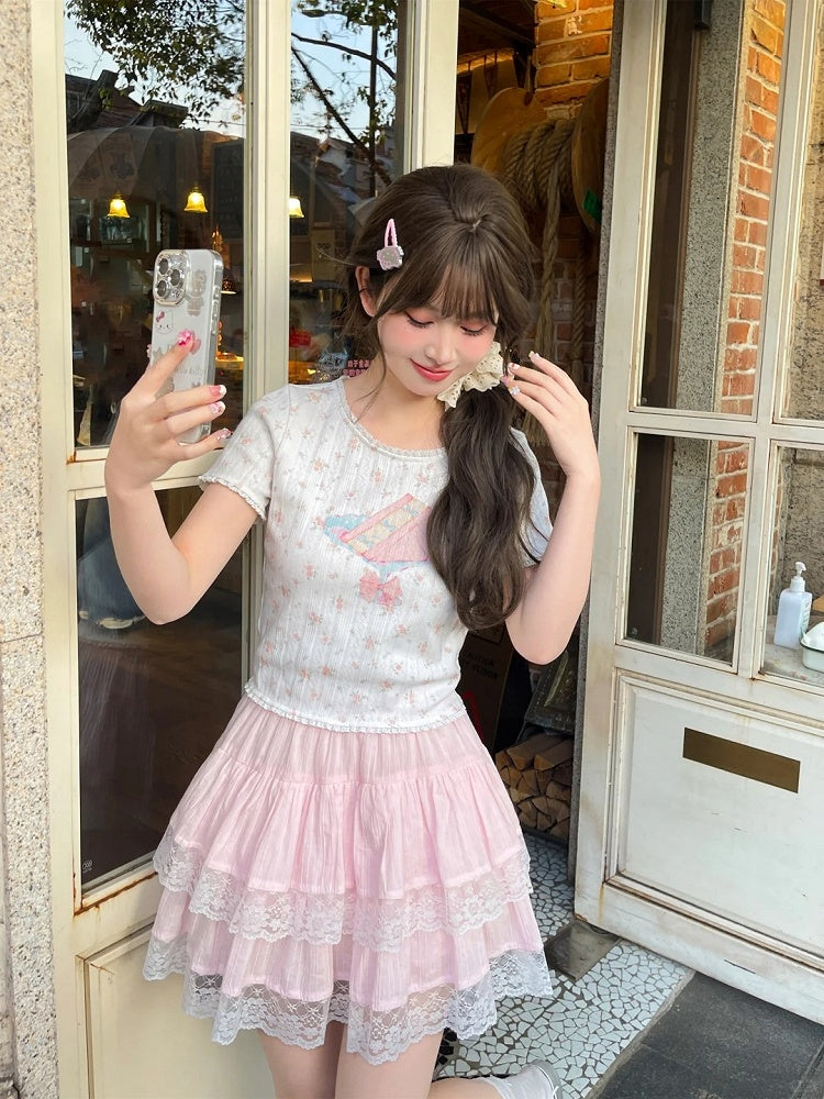 Lace White Cake Print Trim Sweet Floral T-Shirt