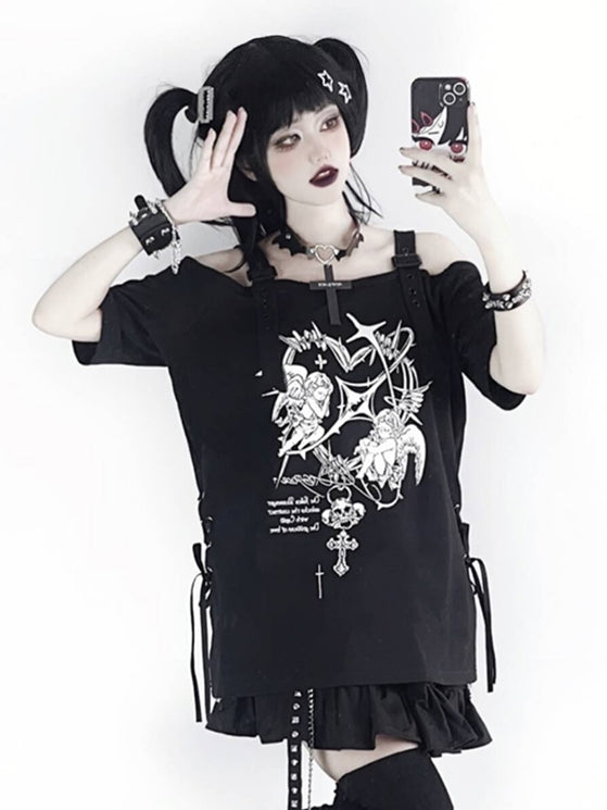 Black/White with T-shirt Gothic Off-Shoulder Choker Y2K Free Angel Heavenly