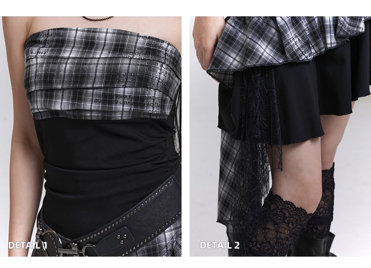 Strapless Dress Skirt Black White Plaid Asymmetrical Hem Tiered