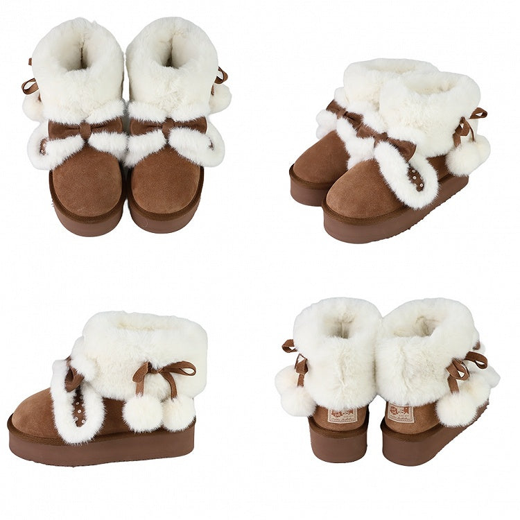 - Boots Dark Brown Snow Bunny Ears Sweet Lolita Dot Polka Platform Plush