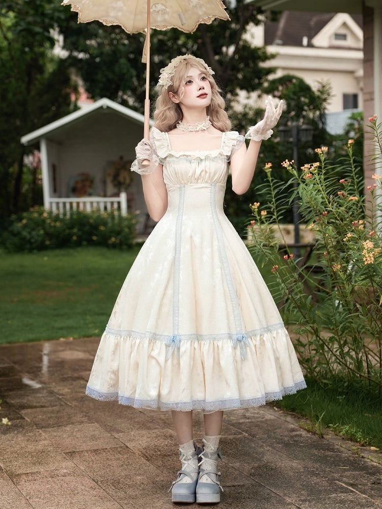 Blue Versatile Beige Neckline Dress Slim Lolita and Fit Waist Light