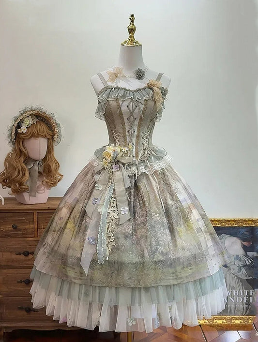 グリーンの油絵プリントの花柄チュール裾ロリータスカート