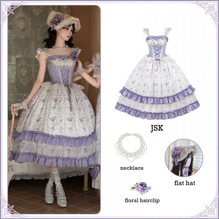 Full Lolita Print Iris Floral Boned Bodice Dress Set Corset Classic Purple JSK