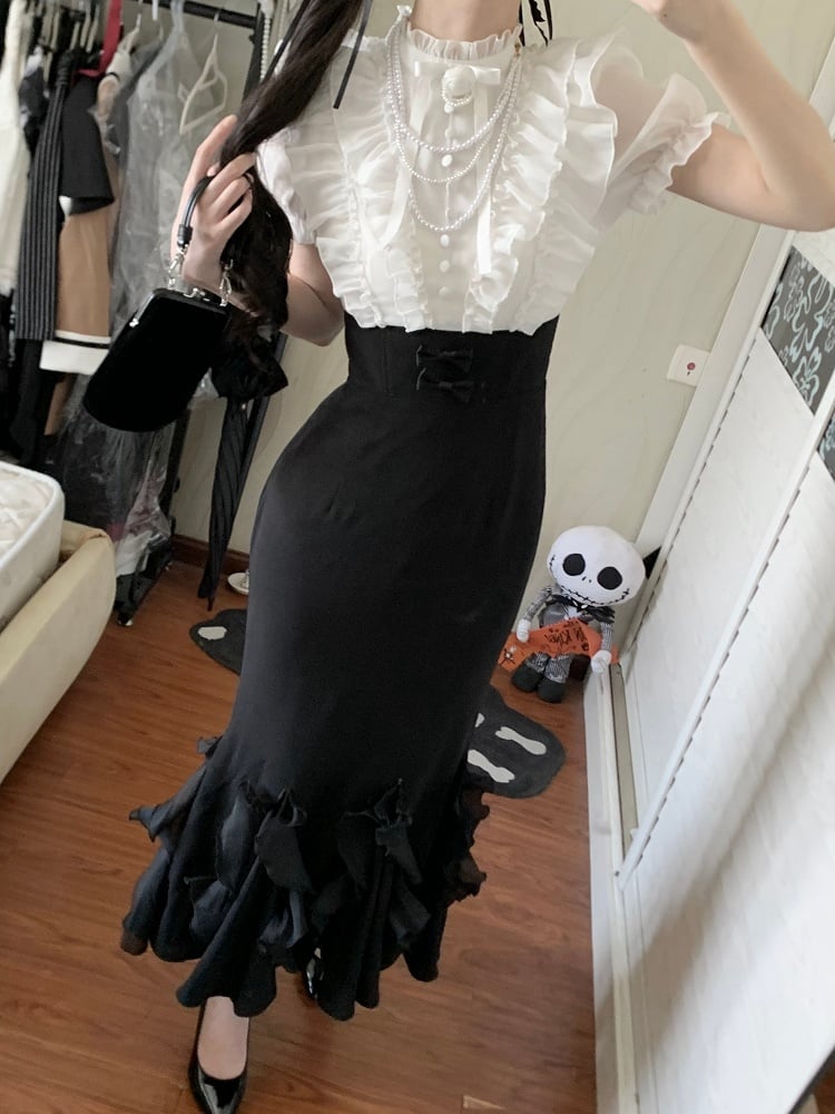 Lolita White Pieces Black Elegant Two Design Mermaid and Dress Waist Skirt Boned Fake Blouse