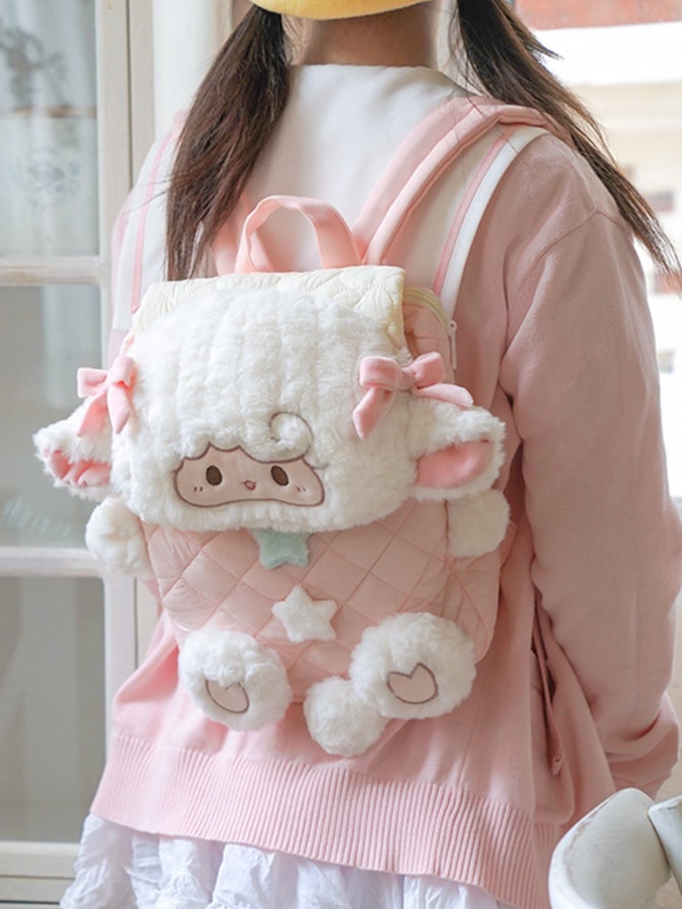 Star Diamond WhitePink Bowknot And Pattern Backpack Plush Flap Decorated Lamb