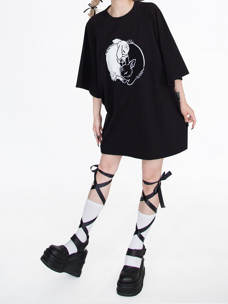 Black Bunny Embroidery Oversized T-Shirt