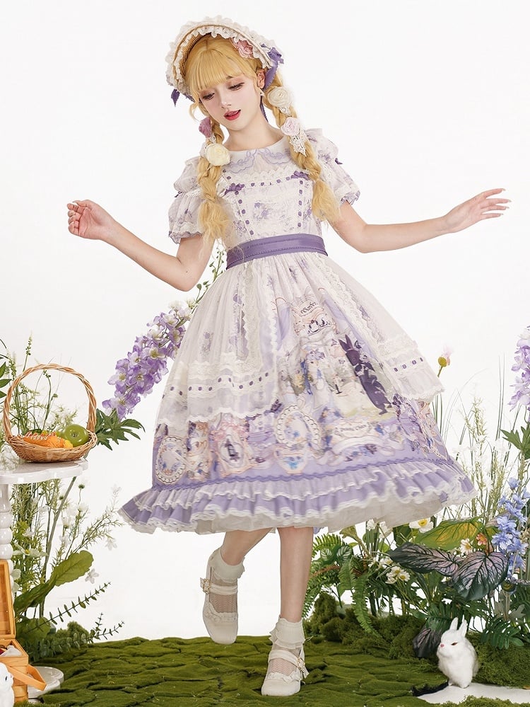 Floral Dress Sleeves Party and Bunny Purple Light Lolita Print with Detachable Tea
