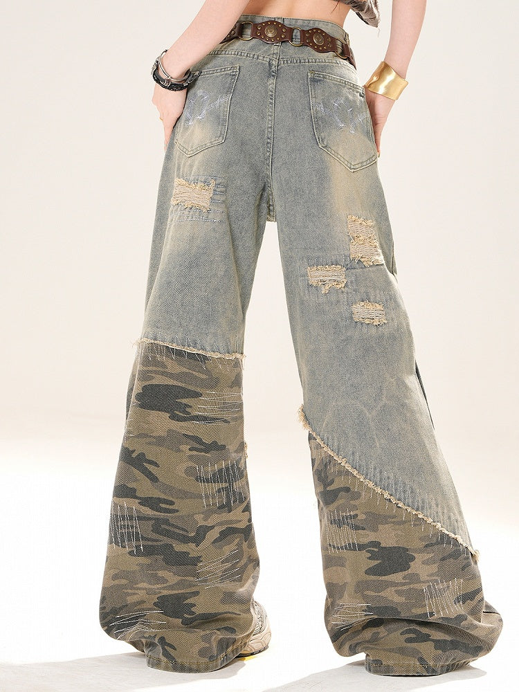 Blaue Camo Löcher Schnitt Bittersüß Glamourös Jeans Muster Weites Bein Distressed