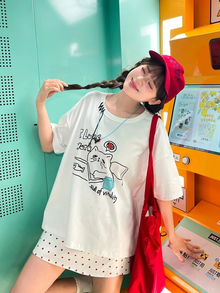 White Round Neck Kitty Print Loose T-Shirt