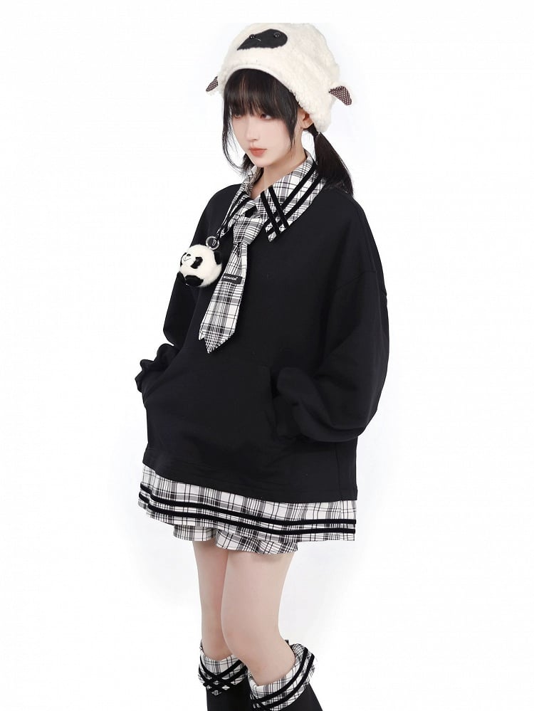 Panda Toy Sweatshirt Black Splicing Plush Plaid with