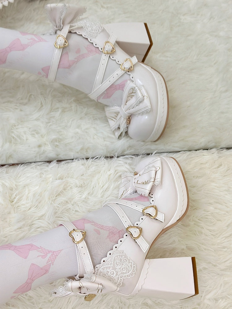 Block Heels Buckles High Bow Detachable Crisscross Design White Top Heart at