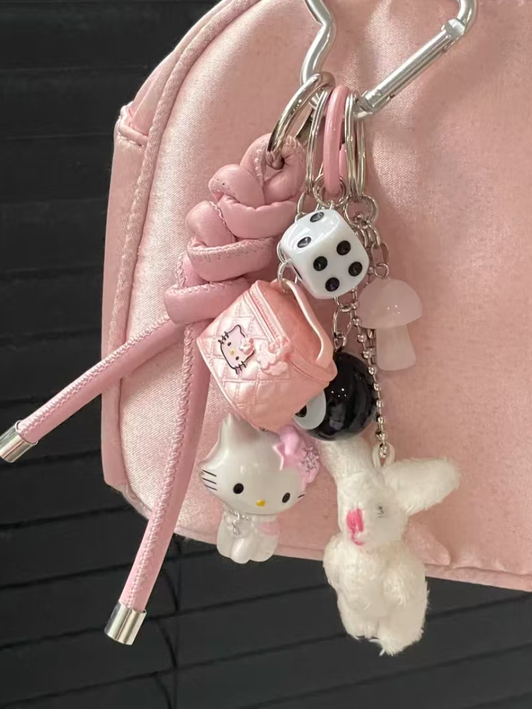Porte-clés en peluche lapin blanc/rose Y2K