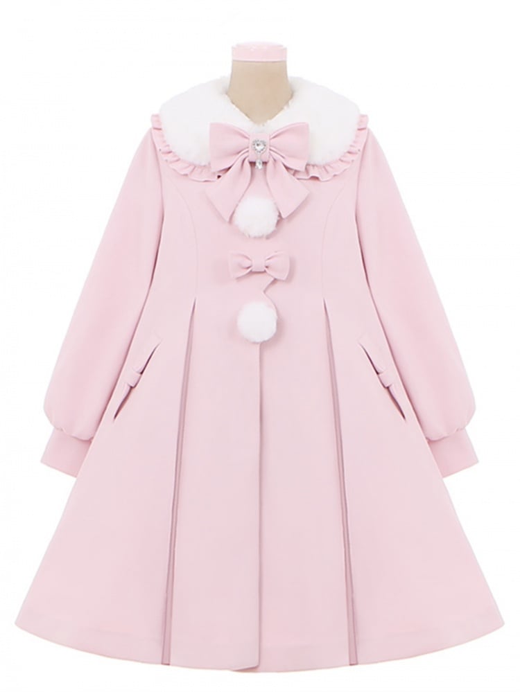 Pink Plush Collar Bow Accents Long Coat