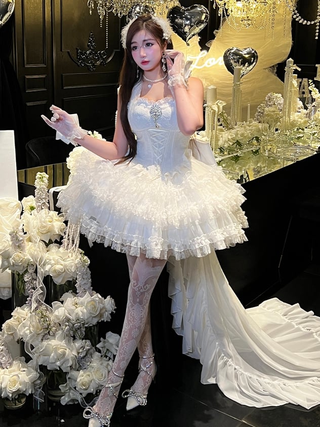 White Floor Length Big Bow Train