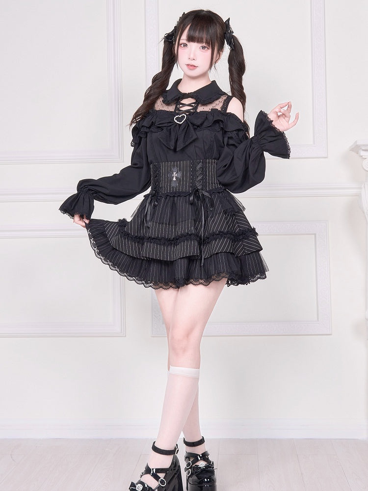 and Detail Long Top Illusion Sleeve Blouse Shoulder Jirai with Black Open Neckline Kei