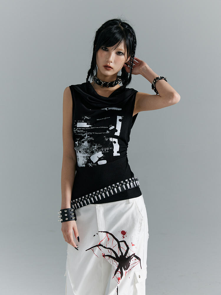 With White Print Black Knit Hooded Tank Top Letter