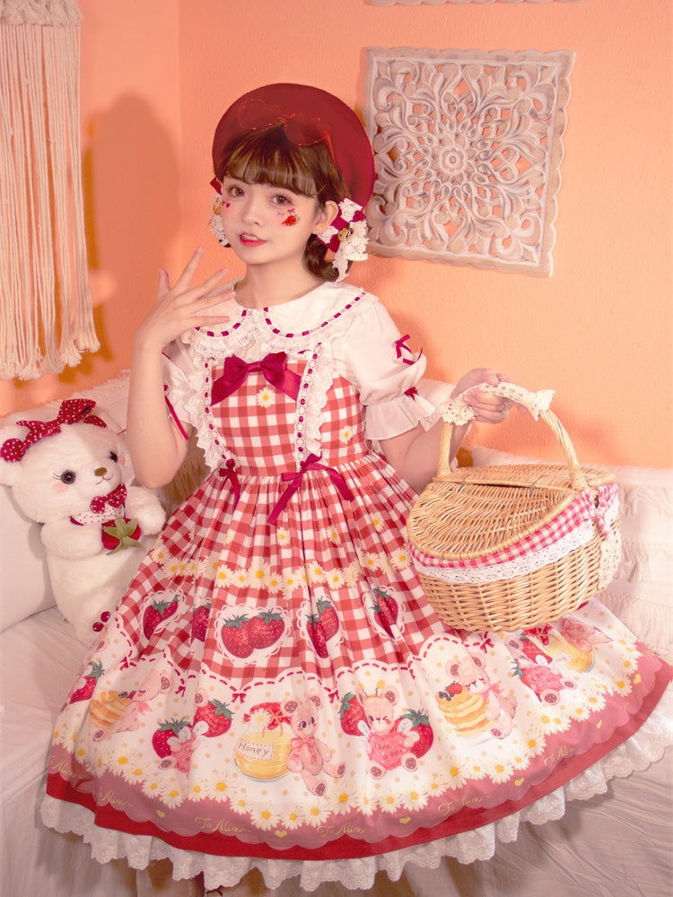 Wine Red Plaid Strawberry and Bear Print Cottagecore Country Sweet Lolita Dress Jumper Skirt