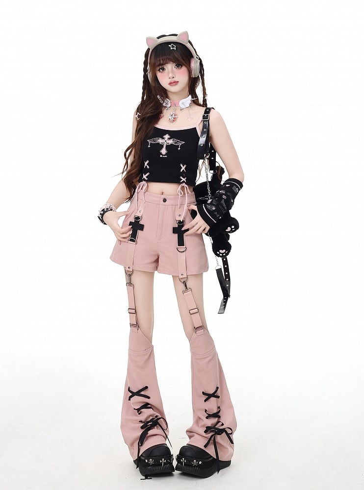 Leg Warmers Pink Cross Embellished Shorts with Lace-up Detail Detachable