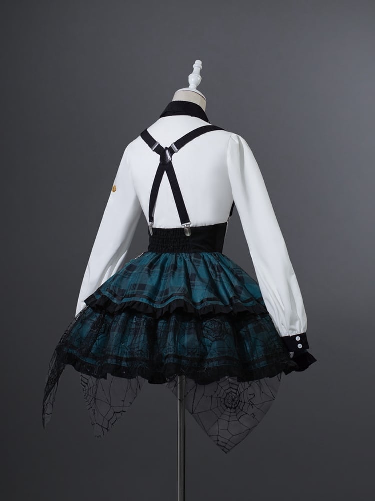Overall Punk and Lace-up Waist Black Plaid Detail Corset Lolita Dress Green
