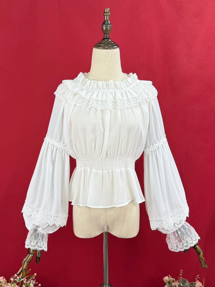 Weiße Chiffonbluse mit elastischem Ausschnitt und langen Ballonärmeln
