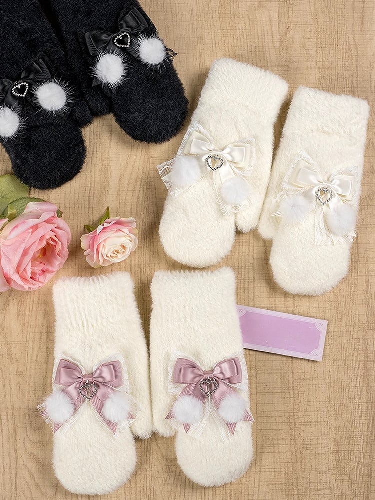 Gants en tricot Jirai Kei blanc lait/blanc et rose/noir avec nœuds