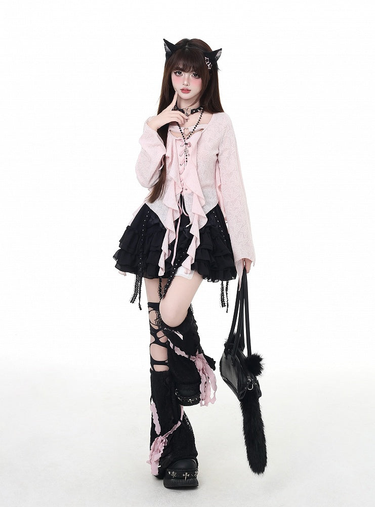 Asymmetrical Ruffled Placket Hem Chiffon Top Pink Lace-up Black/Light