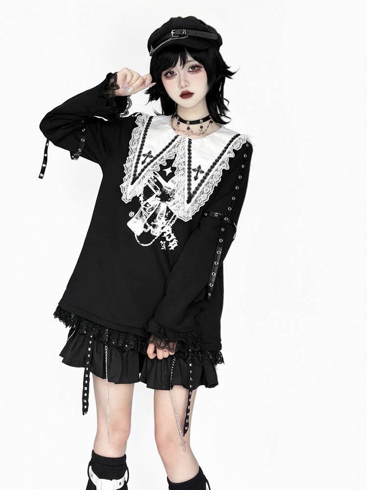 with Black Top: Criss-Cross Cross Pointed Harajuku Style Collar White Jirai Straps Kei Sleeve