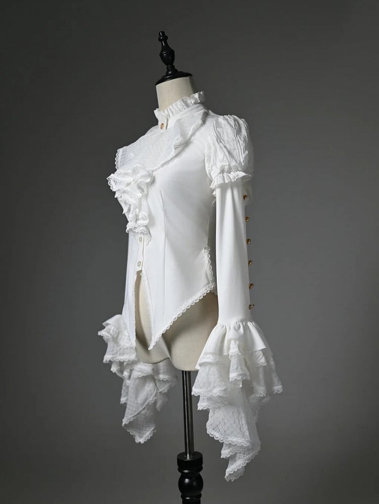 White High-low Long Sleeves Neck Jabot Hem Shirt High Ruffled