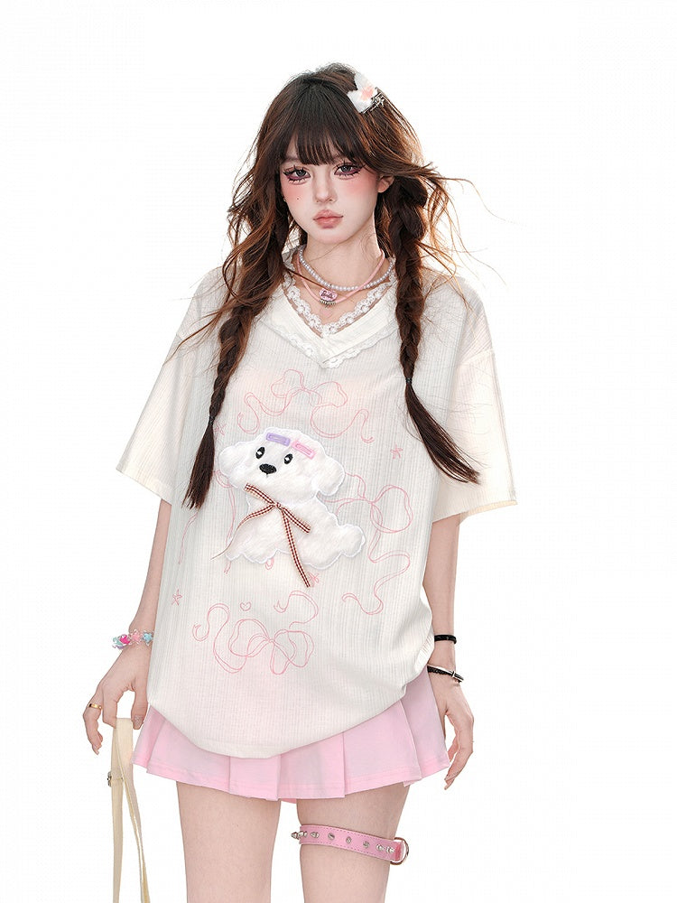 Loose Yume Adorable Puppy Pattern Weiß/Blau T-Shirt Kawaii