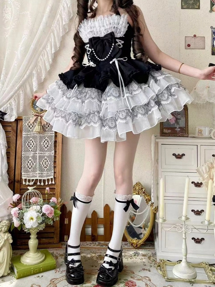 Balletcore Black Halter Dress Neck White Princess and Lolita