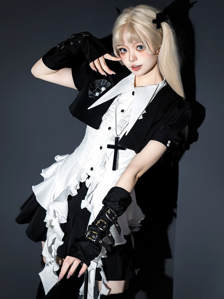 Cropped and Gothic Shirt Sleeveless White Lolita Set Black Full - Top Skirt +