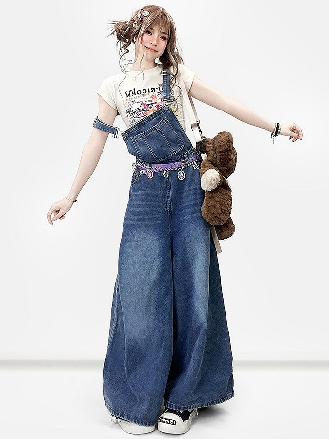 ジーンズカットブルーY2Kワイドレッグビタースイートオーバーオール